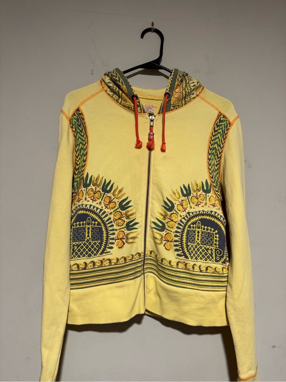 Free People vintage Y2K Yellow Zip Hoodie with Green & Navy Folk Print
